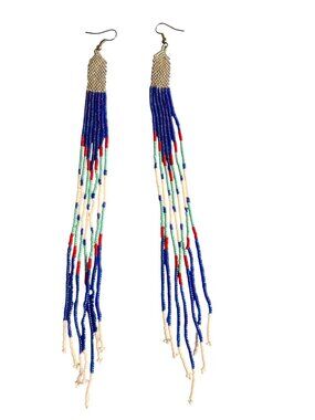Beaded Long Dangle Earrings Blue White Red Turquoise Seed Beads Lightweight 8"